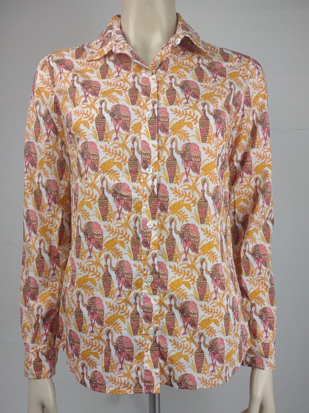 J. McLaughlin orange brown exotic bird print button front top womens XS X-Small